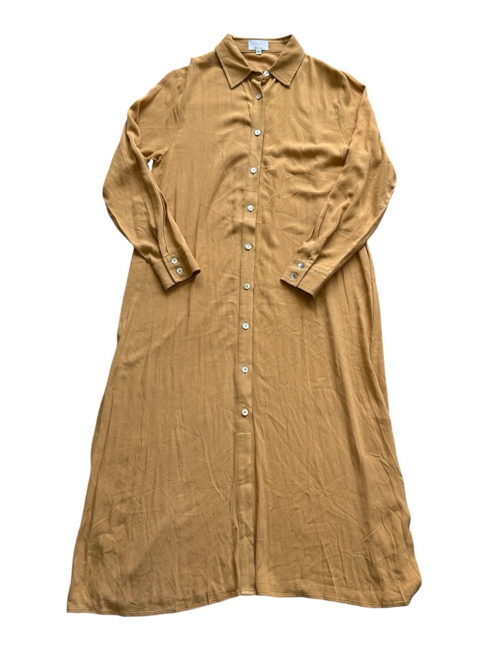 OLIA Camel Button Front Maxi Shirt Dress Long Sleeve Collared Minimalist Small